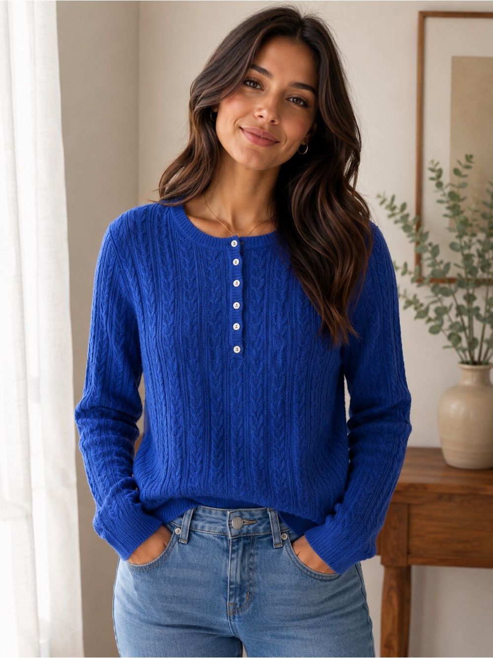 Laura Scott Royal Blue Cable Knit Henley Sweater